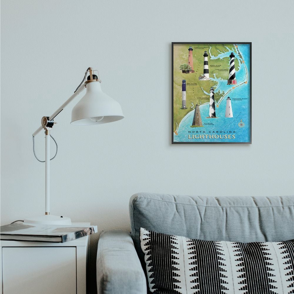 Stupell Industries Map of Lighthouses in North Carolina Coastal Design Framed Wall Art Design by Art Licensing Studio, 16" x 20", Black Framed