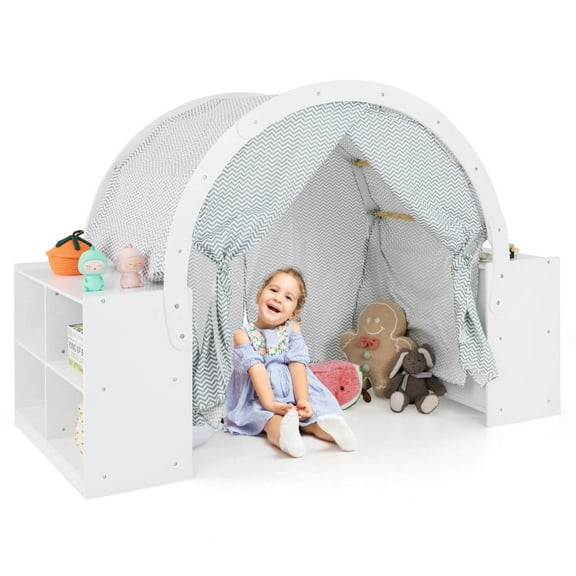 Infans Indoor Playhouse w/ Storage Wooden Kids Play Tent w/ Curtain Shades & 8 Cubbies