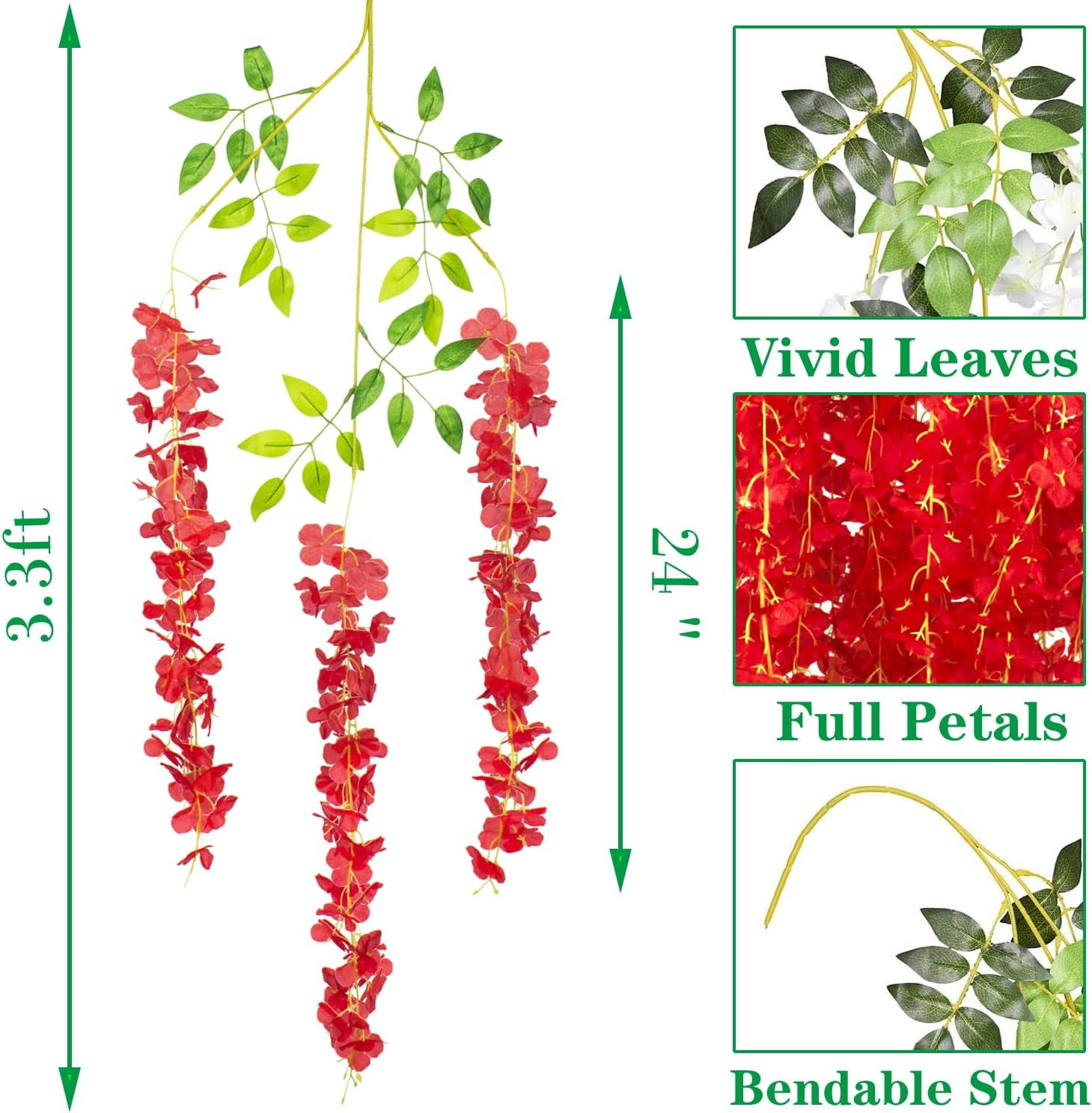24 Pack Artificial Fake Wisteria Vine Ratta (3.75 Feet) Hanging Garland Silk Flowers String Home Party Wedding Decor(Purple)