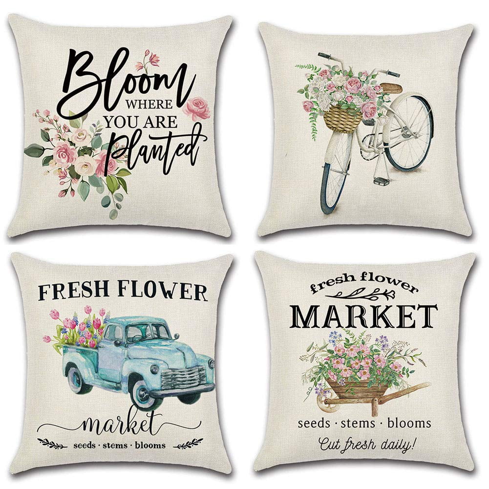 Farmers Market Fresh Flowers Daily Vintage Truck Decor Cotton Linen Home Decorative Throw Pillow Case Cushion Cover for Sofa Couch 40x40cm
