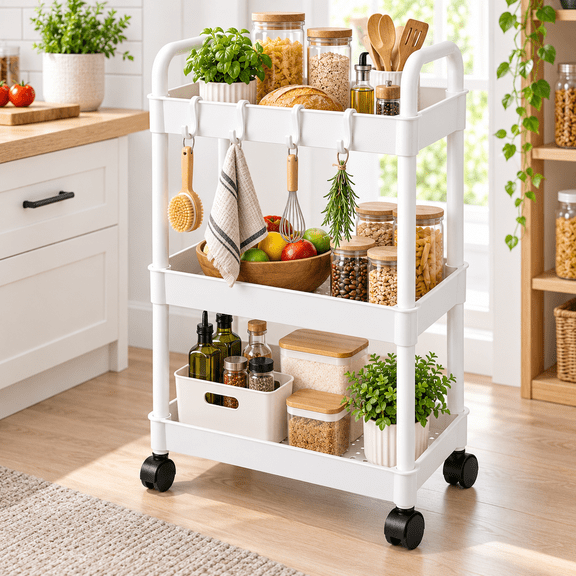 SHOPKINGL 3 Tier Rolling Cart, Rolling Storage Cart, Plastic Organizer with Wheels and 4 Hooks, White