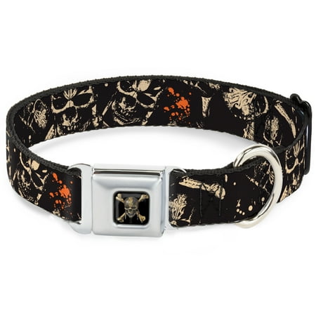 Dog Collar Seatbelt Buckle Pirates Skulls Scattered Splatter Black Tan Red 15 to 26 Inches 1.0 Inch Wide
