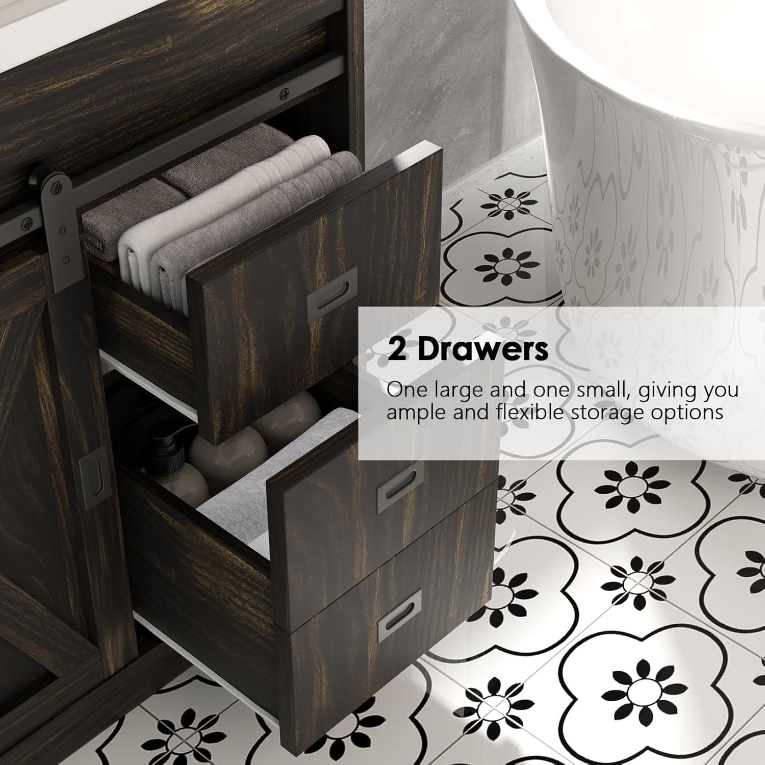 DreamCurship Bathroom Vanity with Sink Combo, White Bathroom Storage Cabinet with Drawers, Farmhouse Bathroom Vanity Cabinet with Sliding Barn Doors, Oak