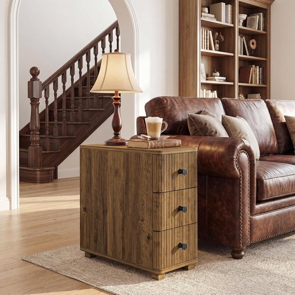 Finmind End Table with 3 Drawers, Narrow Side Table, Living Room, Bedroom, Brown