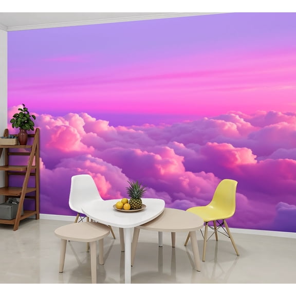 Enchanted Forest Wallpaper Purple Pink Dreamy Sky Soft Clouds Sunset Peel and Stick Wall Murals 69"H x 96"W Removable PVC Wall Paper Self-Adhesive Wall Paintings for Bedroom Living Room
