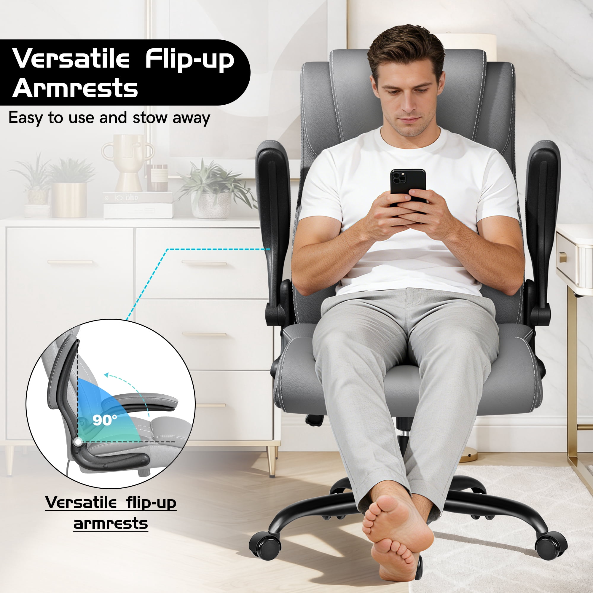 COOLHUT Big and Tall Office Chair 350LBS, Comfy Heavy Duty Executive Desk Chair with Adjustable Lumbar Support, Higth Back Computer Home Office Chair with Padded Flip -up Arms, Light Gray