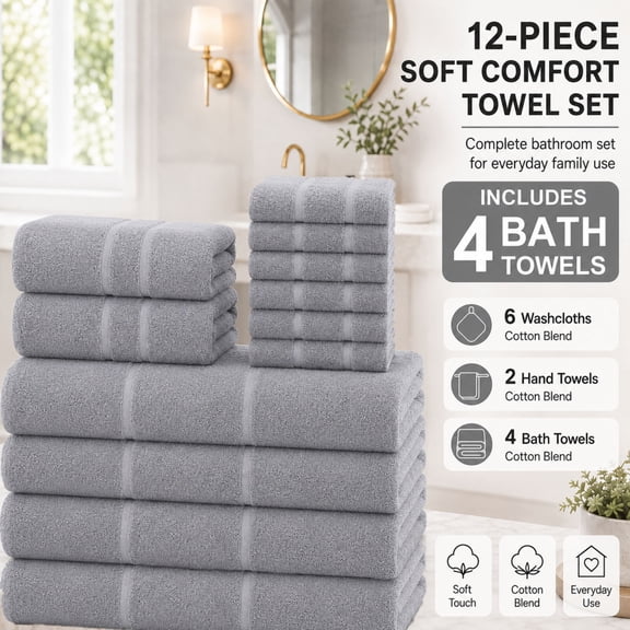 12pcs Soft Cotton Bath Towel Set, Cotton Blend, Includes 4 Bath Towels, 2 Hand Towels& 6 Washcloths, Highly Absorbent, Quick Dry, Bathroom Towels for Family, Hotel, Gym, Spa and Travel, Hand Towel