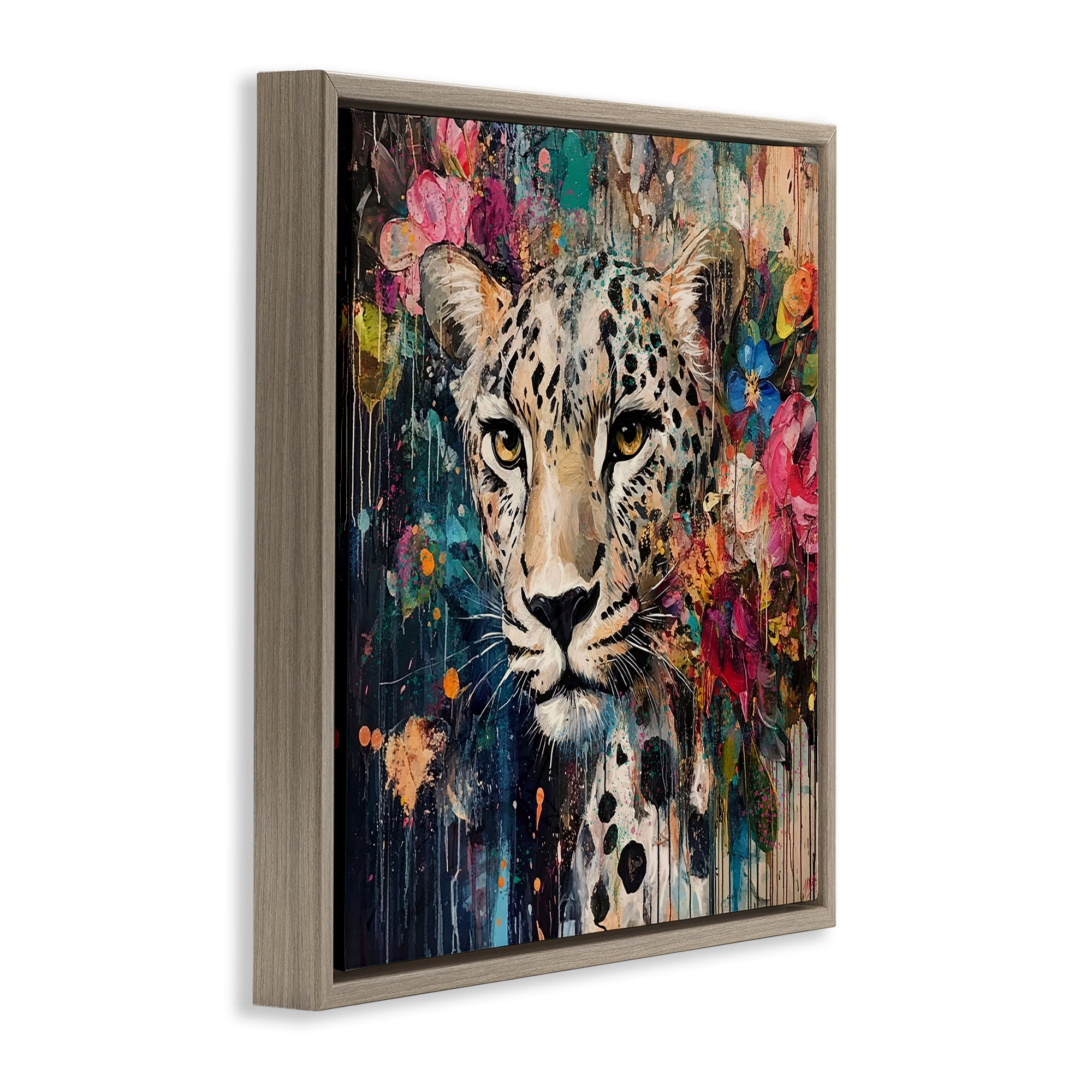 Stupell Industries Cheetah & Exotic Blooms Brown Framed Floater Canvas Wall Art, design by Marta Wiley