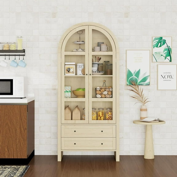 LFGUIZO 70.28-inch High 2-Drawer Arched Kitchen Food Cabinet with Adjustable Shelves, Suitable for Kitchens, Living Rooms and Dining Rooms, Natural