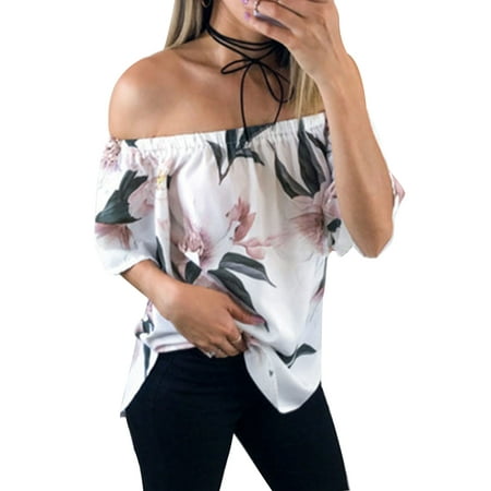 Off Shoulder Tops for Women Daily Wear Floral Printed Short Sleeve Blouses Casual Loose
