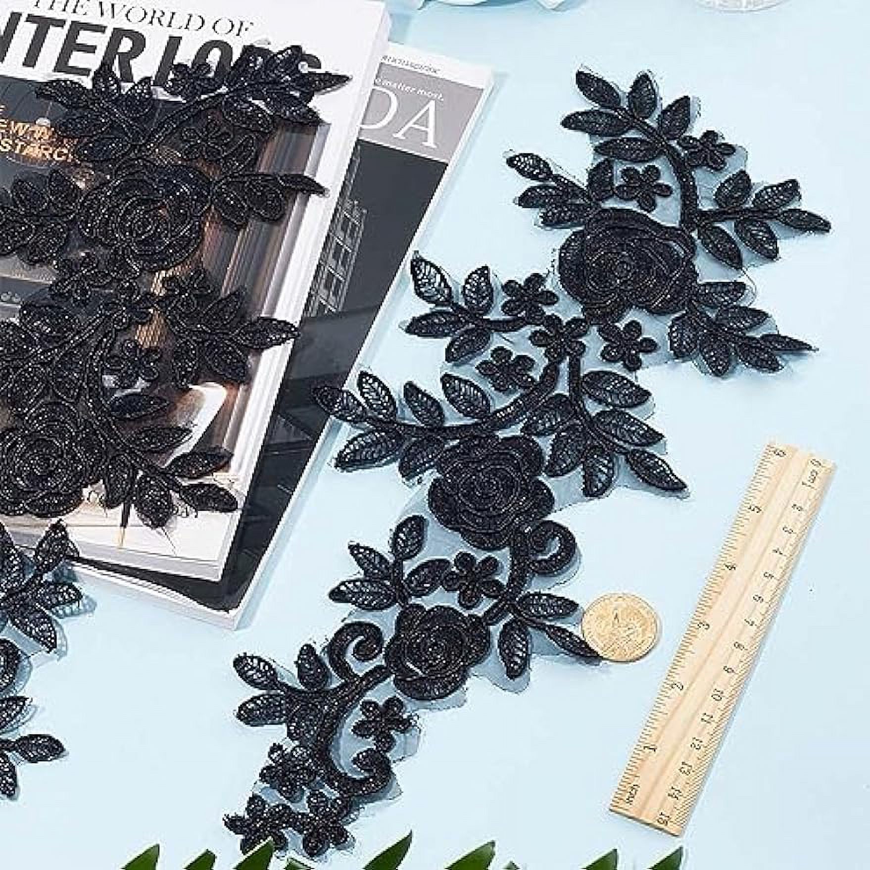 4Pcs Floral Lace Applique Black Flower Embroidered Sew on Patches Rose Leaves Collar Fabric Applique for DIY Sewing Crafts Dress Clothing Backpacks Embellishments 36x14.5cm - image 4 of 9