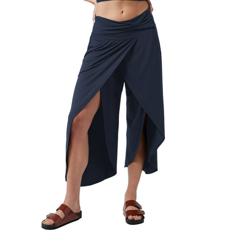 Langwyqu Middle Waist Women Open Wide Leg Pants Solid Split Capris - Walmart .com