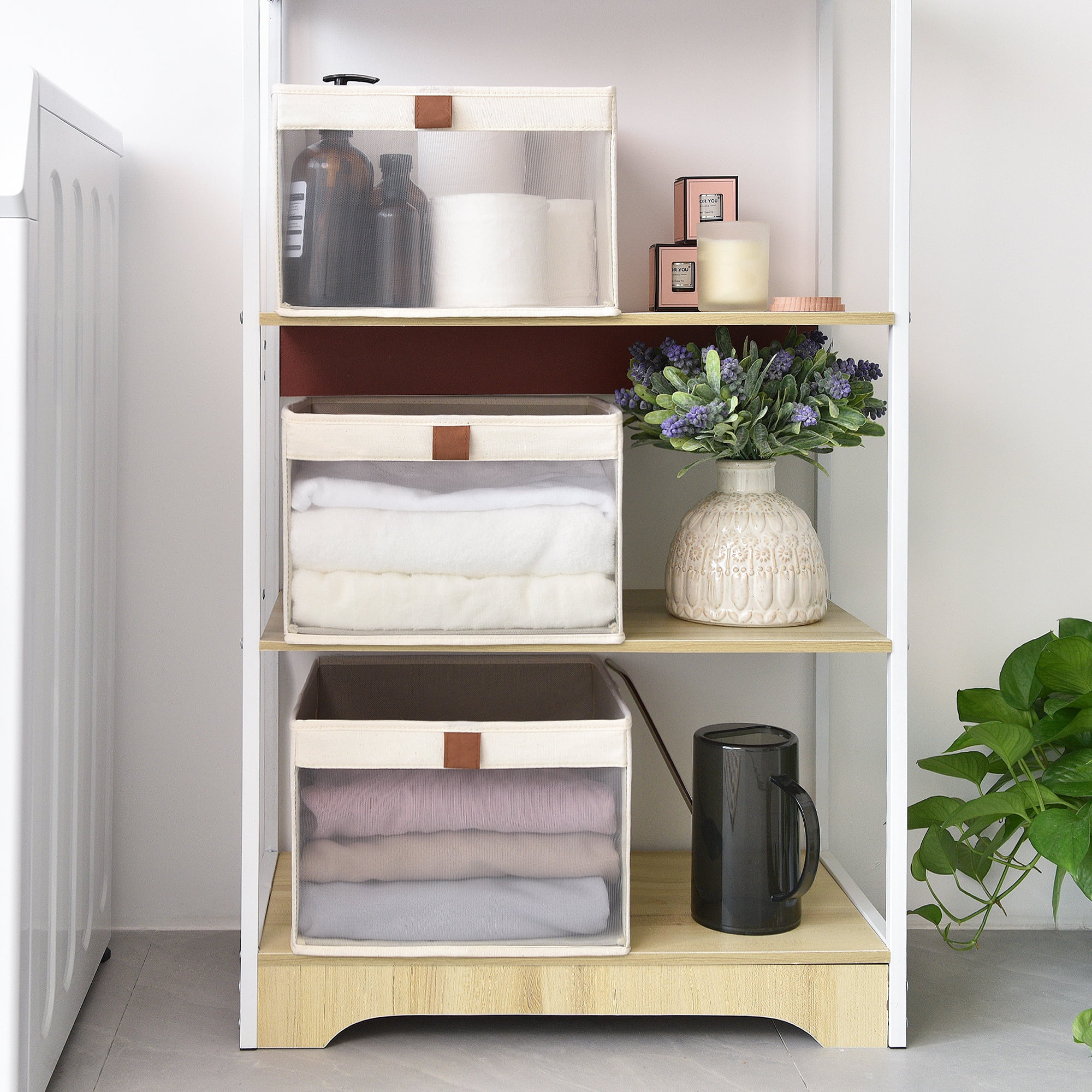 Foldable Storage Bins With PVC Window, Fabric Collapsible Storage Box For Closet Organization, Stackable Container, White, 12.4"x11.6"x8.1"