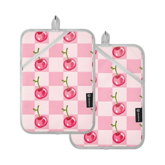 Pot Holders Set of 2 Heat Resistant 338℉ Kitchen Oven Gloves Potholder Cooking Baking Microwave Mitts Cherry in Checkered Pattern