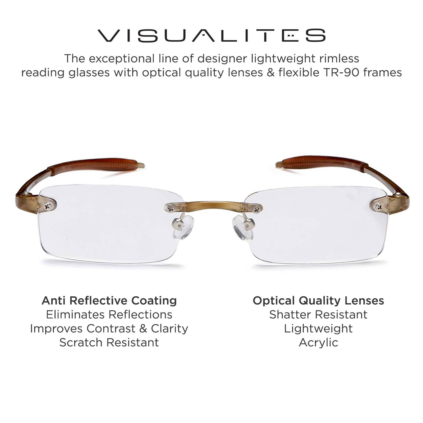 Visualites 1 Khaki 1.00 Power Lightweight Rimless Rectangle Reading Glasses For Men and Woman