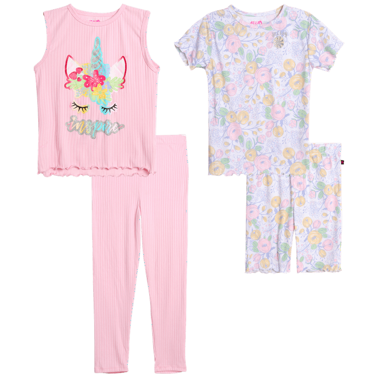 dELiA*s Girl's Snug Fit Pajama Set - 4 Piece Yummy Ribbed Short Sleeve  Sleep Shirt, Jogger Pants, Tank Top, and Shorts (4-12)