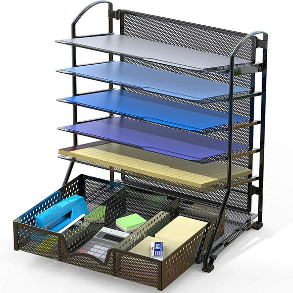 6 Trays Desk Document File Tray Organizer with Supplies Sliding Drawer