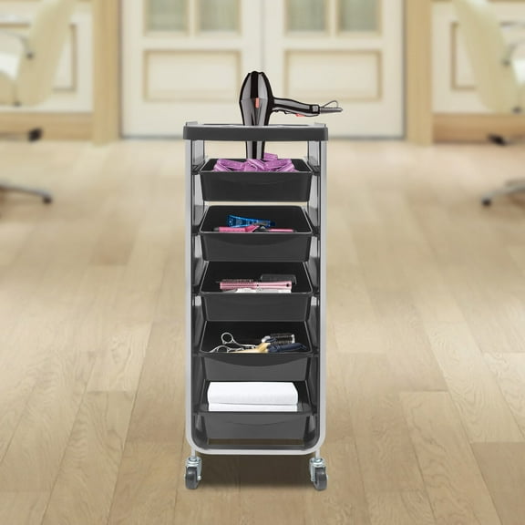 HOT Black Beauty Salons Barber Stores Salon Trolley Cart with Wheels&5 Drawers