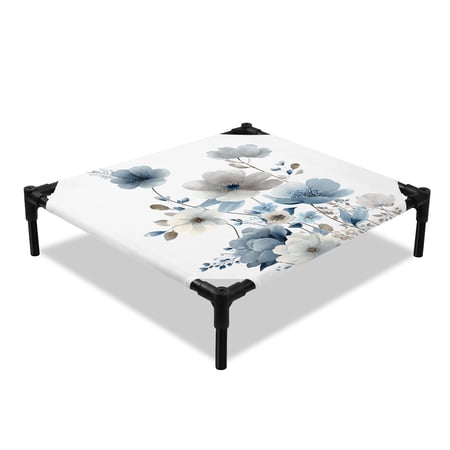 Spring Floral Elevated Dog Bed Watercolor Blue Gray Flowers Romantic Farmhouse Cooling Breathable Outdoor Raised Dog Cot Bed with Metal Frame Non-Slip Feet for Small Dog 20x20in