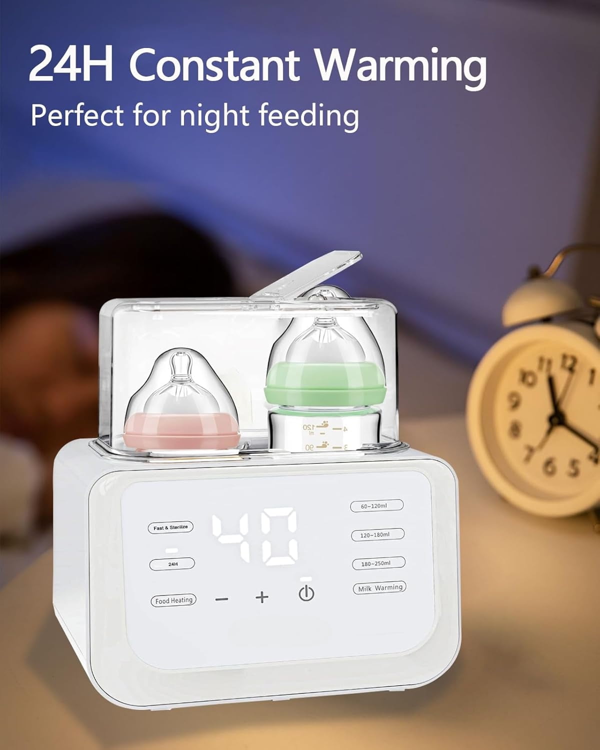 Baby Bottle Warmer, 8-in-1 Fast Milk Warmer for Breastmilk or Formula with Timer, 24H Constant Warming, with Defrost, Heat Baby Food Jars, Sterili-zing Function, Accurate Temp Control, Fits 2 Bottles