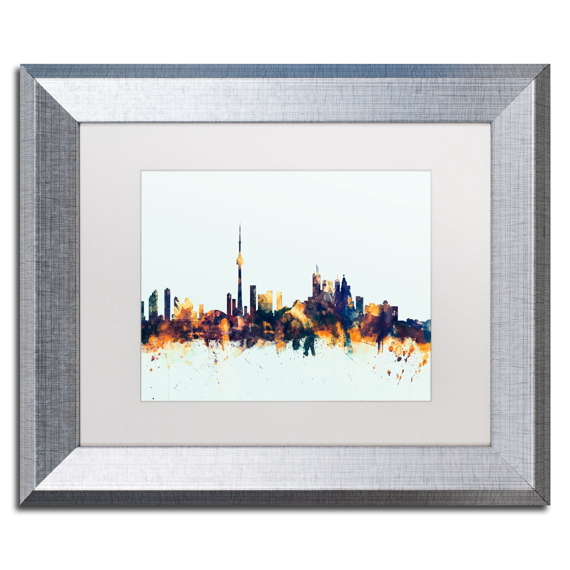 Trademark Fine Art "Toronto Canada Skyline Blue" Canvas Art by Michael Tompsett, White Matte, Silver Frame