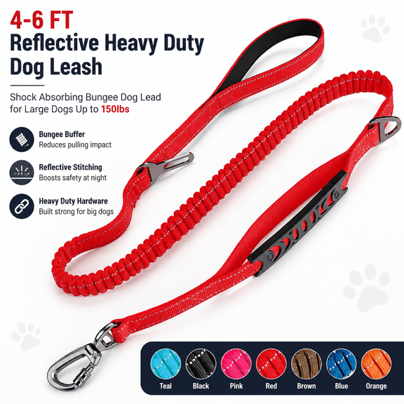 4-6 Ft Reflective Heavy Duty Dog Leash, Shock Absorbing Bungee Dog Lead, Anti-Pull Walking Training Leash for Large Dogs Up to 150lbs