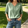 thumbnail image 4 of ITSAME Blouses for Women Button V-Neck Elbow Length Sleeve Shirts Ladies Loose Casual Tops Green Size 2XL, 4 of 6
