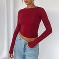 thumbnail image 2 of Spring Tops For Women Summer Solid Color Round Neck Long Sleeve Slim Fit Casual Shirts Pullover T-Shirts Streetwear,Red,S, 2 of 7