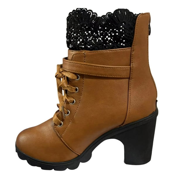 NECHOLOGY Botas Mujer Zapatos Botines mujer Botas de otoño e invierno, tacón grande, tacón grueso, encaje, correa de encaje, cremallera trasera, suela gruesa, zapatos de mujer con (Brown, 8)