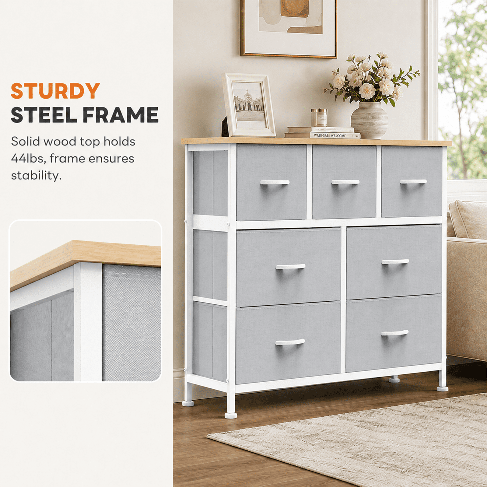 Alvantor 7/8/9-Dresser, Dresser for Bedroom Organizer Storage, Fabric Storage Tower with Sturdy Steel Frame, Wooden Top & Easy Pull Fabric Bins, Dresser for Living Room Entryway Clothes Organization