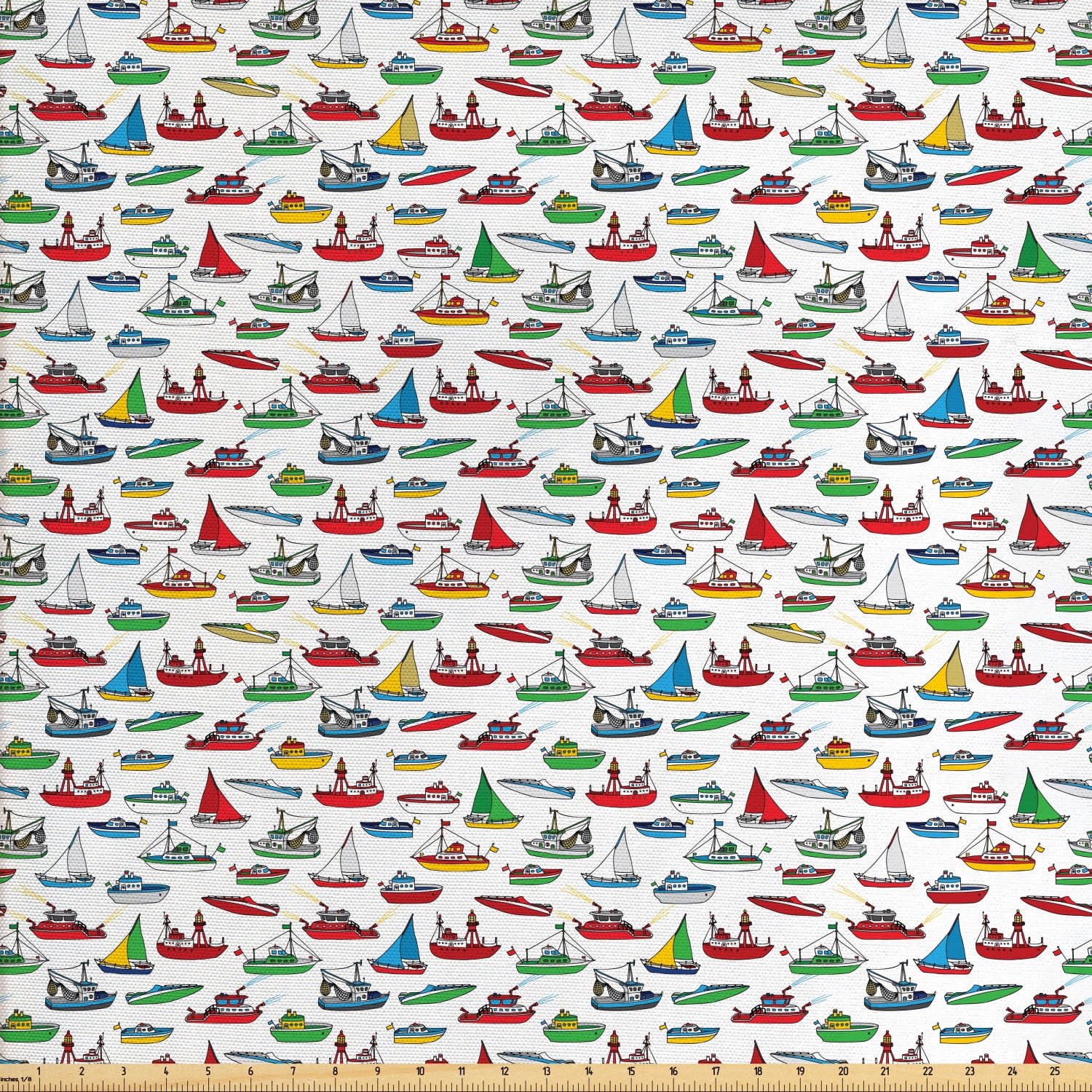 Nautical Fabric by The Yard, Bunch of Colorful Vessel Speedboat Fishing
