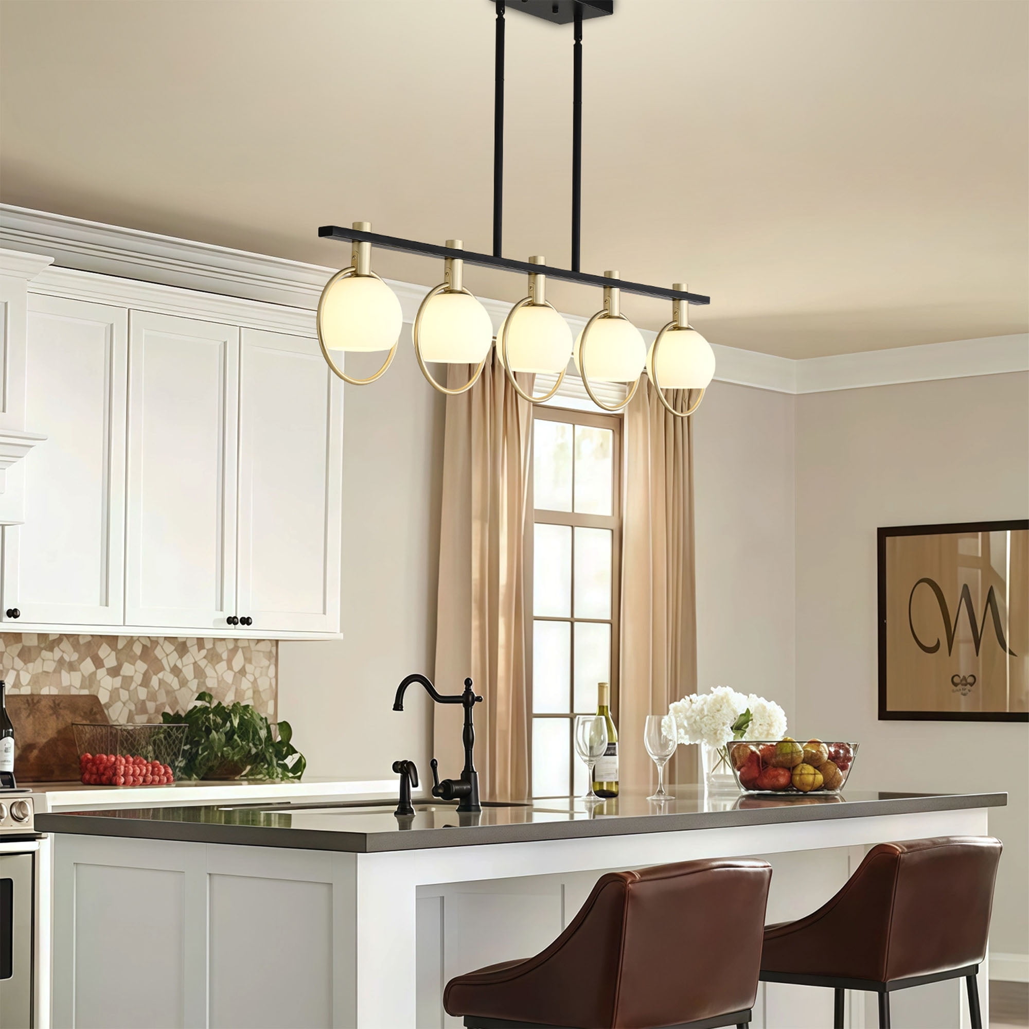 Gold Linear Island Pendant,41"Dining Room Light Fixture Over Table,5-Light Kitchen Island Lighting,Farmhouse Linear Chandelier for Kitchen Dining Room