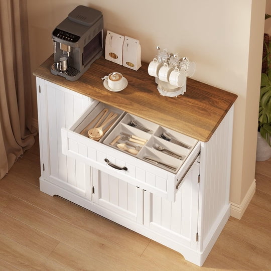 Aiho 42” Coffee Bar Cabinet with Storage, Kitchen Storage Cabinet, Sideboard Buffet Cabinet with 8 Shelves, 1 Drawer - White and Retro