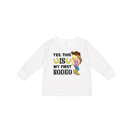 

Inktastic Yes This is My First Rodeo- Cowgirl in Hat and Boots Gift Toddler Toddler Girl Long Sleeve T-Shirt