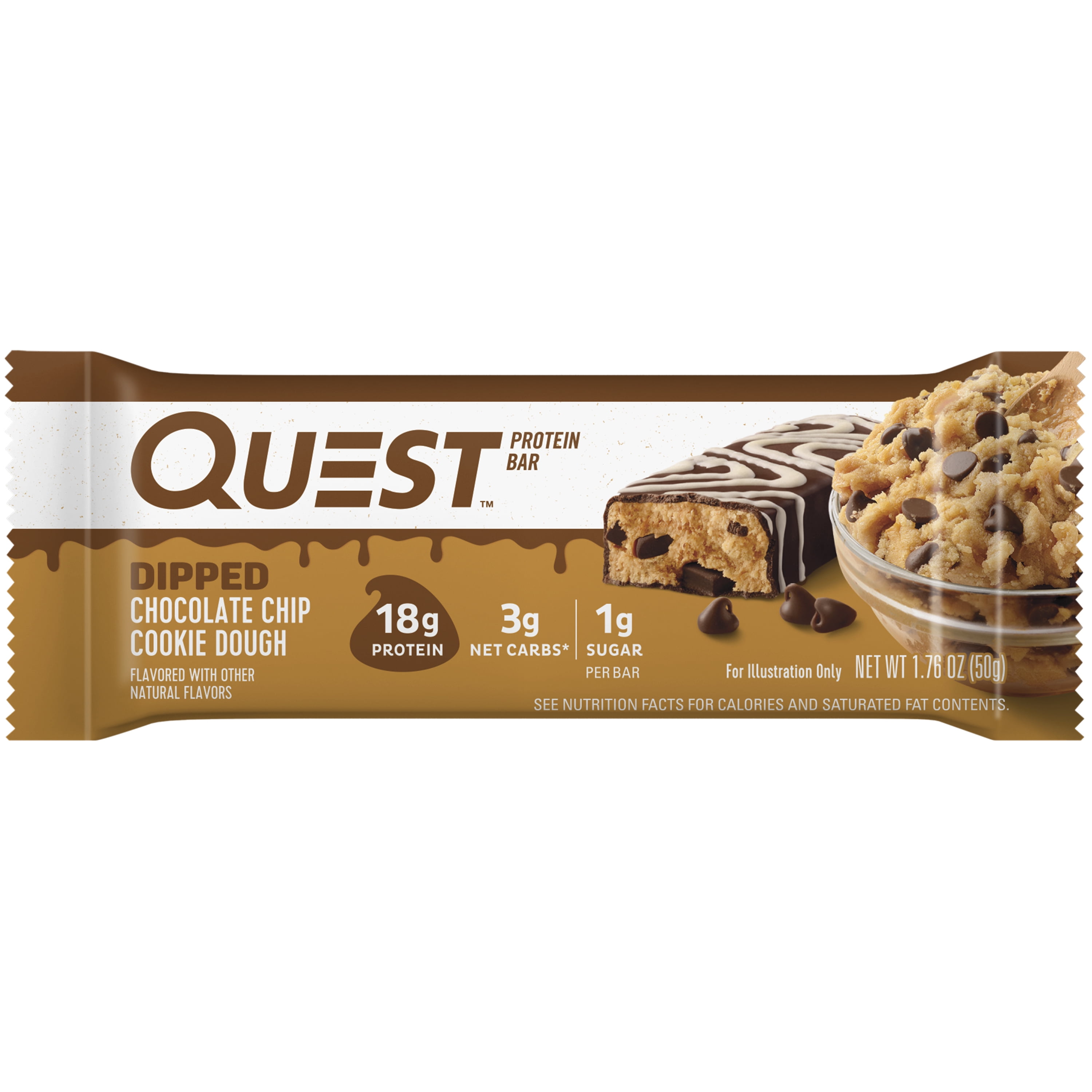 Quest Dipped Protein Bar, Chocolate Chip Cookie Dough, 18g Protein, Gluten Free, 12 Count