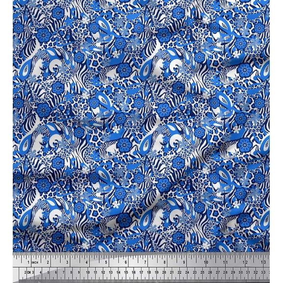 Soimoi Blue Silk Fabric Floral,Leopard & Wild Animal Skin Decor Fabric Printed BTY 42 Inch Wide