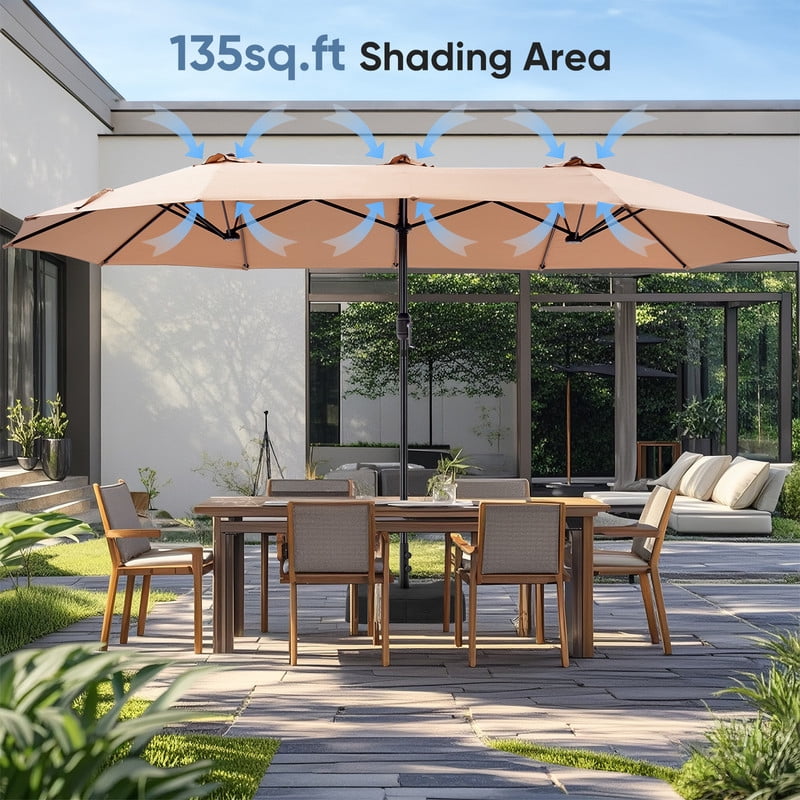Gianna 15 FT Triple Head Patio Umbrella, 12-Rib Design with 135 SQ FT Coverage, UV50+ Waterproof Canopy Includes Sandbox Base for Outdoor Patio Camping，Khaki