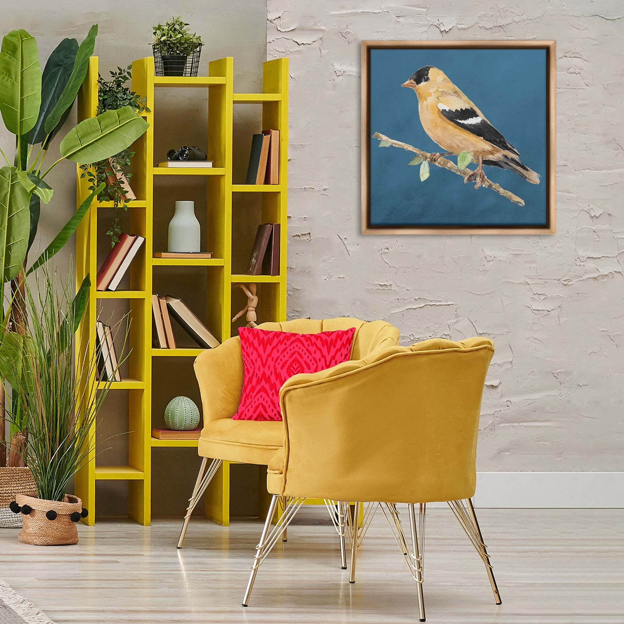 Stupell Industries Traditional Yellow Bird Animals & Insects Painting Brown Floater Framed Canvas Art Print Wall Art, 25 x 25