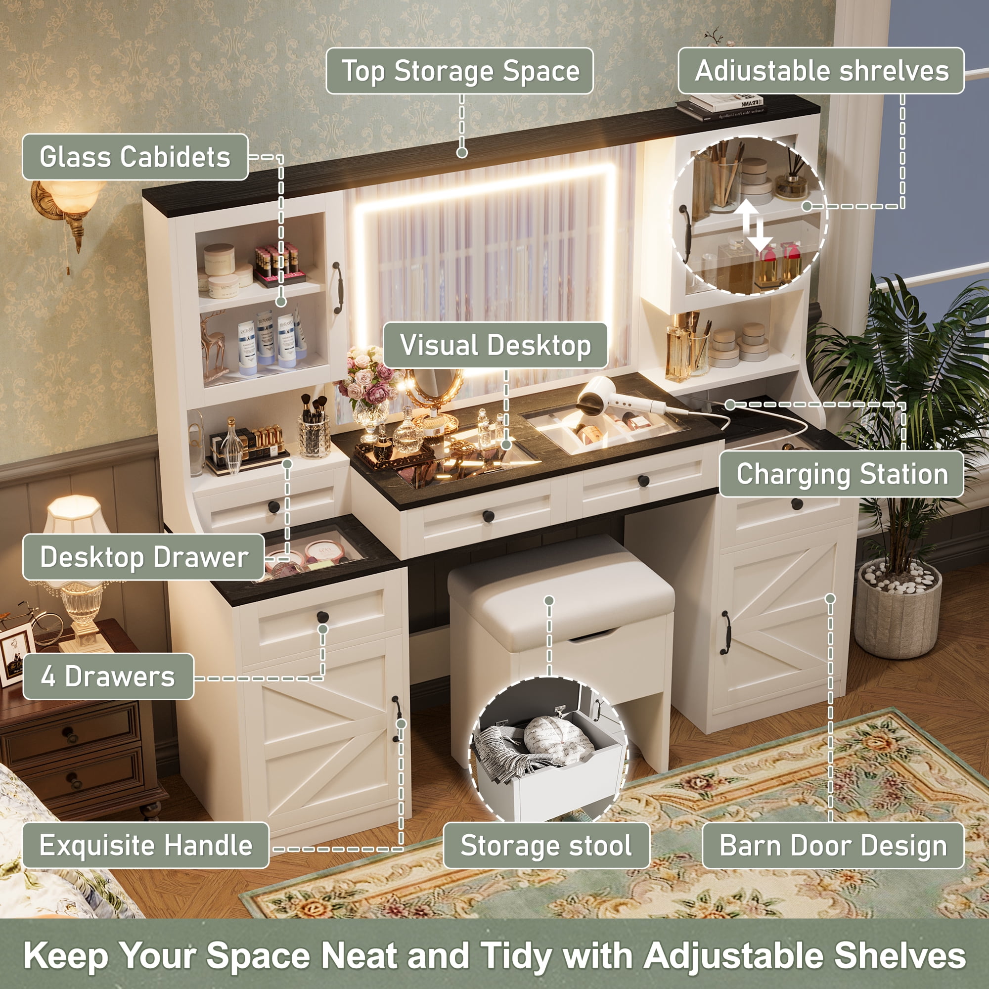 Yoneston 61.5" Farmhouse Vanity Desk Set with Mirror and LED Lights, Glass Top Vanity Table with Chair, Charging Station and 5 Drawers Cabinets, White