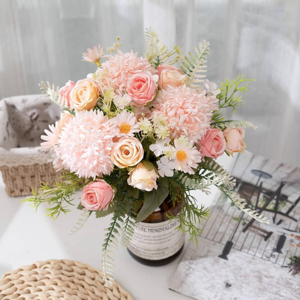 KIRIFLY Artificial Flowers, Fake Rose Silk Bouquet Decor Plastic Daisy Flower Arrangements Wedding Decoration Table Centerpieces 3 Packs (Pink Champagne)