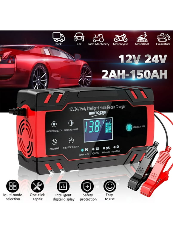 12V/8A 24V/4A Automatic Smart Battery Charger/Maintainer with LCD Display Pulse Repair Charger Pack for Car, Lawn Mower, Motorcycle, Boat, SUV and More - J30