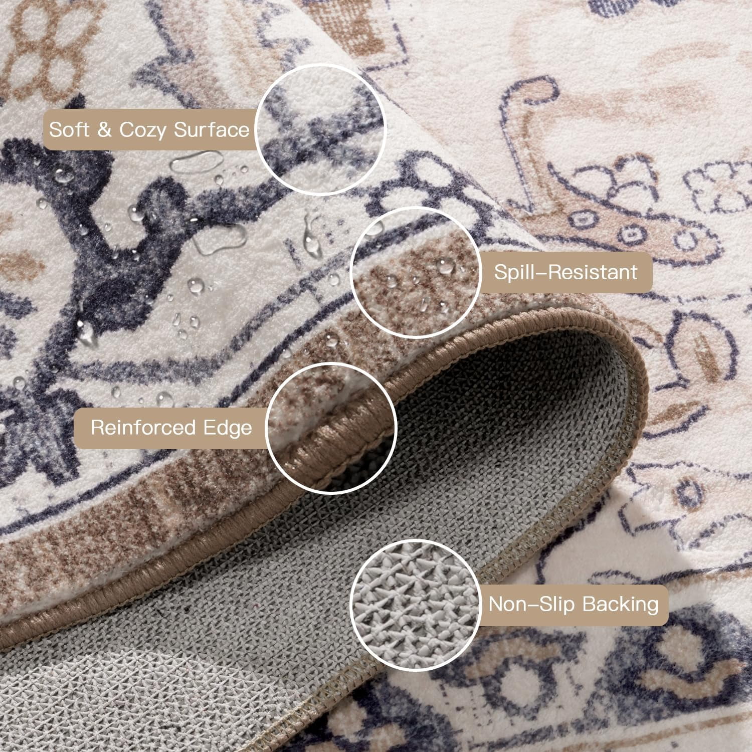 Reepow 8x10 Brown Beige Machine Washable Super Soft Faux-Wool Vintage Floral Boho Non-Slip Low Pile Large Area Rugs Carpet for Living Room Bedroom