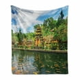 thumbnail image 1 of Balinese Soft Flannel Fleece Throw Blanket, Tirta Empul Building Bali Indonesia Exotic Trees Oriental Building Lake Photo, Cozy Plush for Indoor and Outdoor Use, 50" x 60", Yellow Green, by Ambesonne, 1 of 6