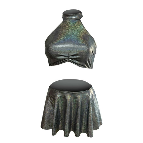 Mepaouo Rave Outfits for Women Metallic Halter Crop Top Vest Ruffle Skirts Sexy 3Pack Sizes S/M/L