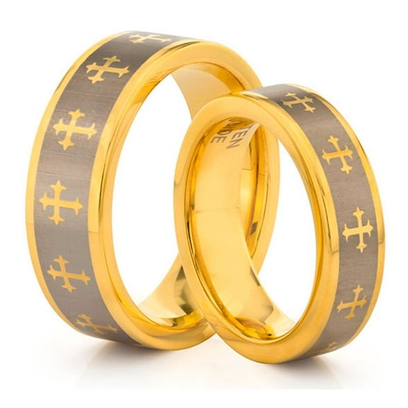 TungstenMasters Roberto Ferrini HIS & HERS 8MM/6MM Tungsten Carbide Polished Gold Celtic Cross Laser Engraved Comfort Fit Wedding Band TWO RING SET (Available Sizes 4 - 14 Including Half Sizes)