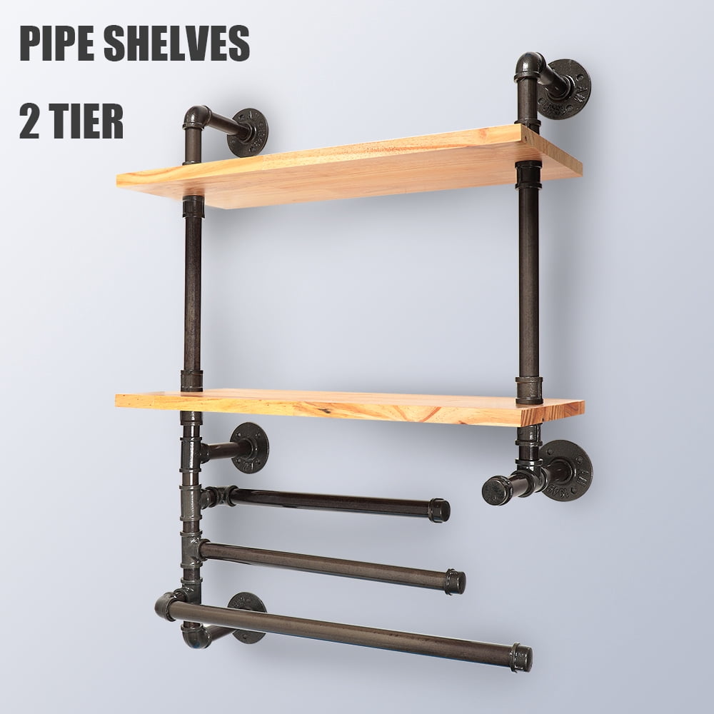 ATT Hardware Industrial Iron 3 Tier Grey Pipe Floating Shelves Retro Solid Wood Shelves Laundry Room Décor