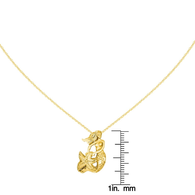 Primal Gold 14 Karat Yellow Gold Satin Diamond-cut Mermaid Pendant on 18- inch Cable Rope Chain 