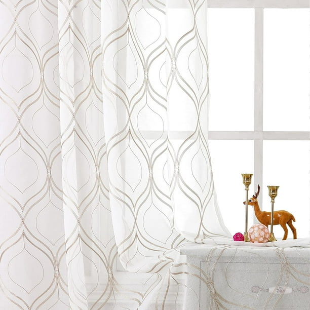Visiontex 2 Piezas De Cortinas Transparentes Blancas Bordadas Con Enrejado Marroquí Estilo Europeo De Lino Sintético Con Bolsillo Para Barra De Gasa De Tul Para Tratamiento De Ventanas, Puertas Y Baño