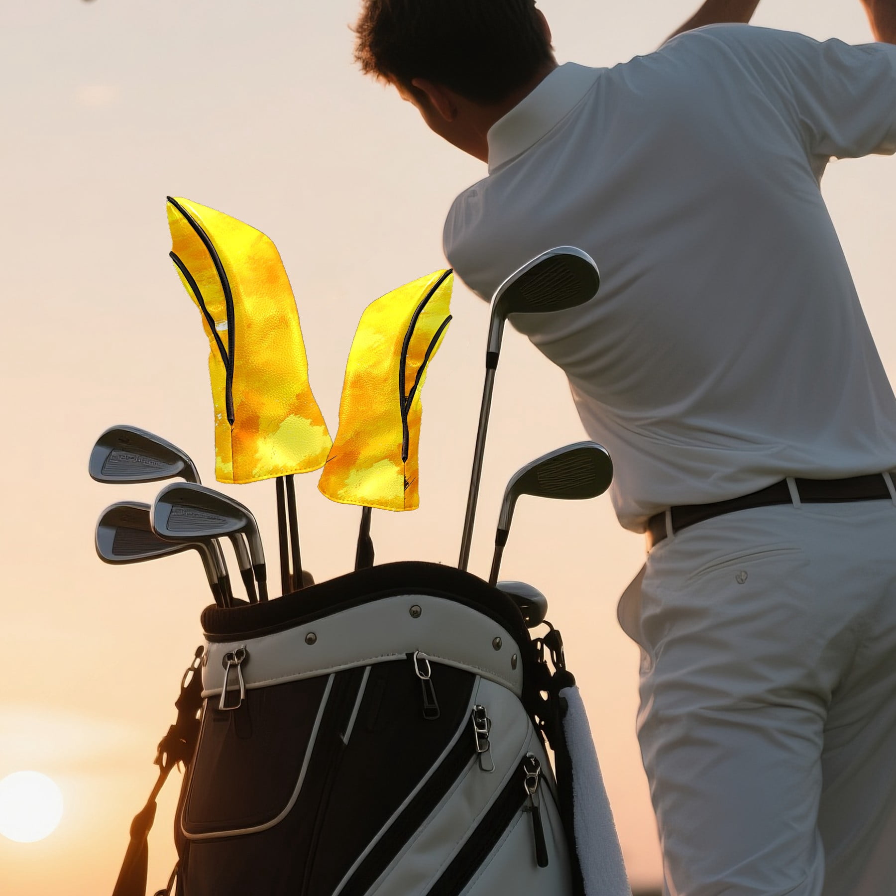 Golf Club Covers PU Leather Waterproof Head Covers for Fairway Woods Hybrids Yellow Painting Unisex Fits Most Brands