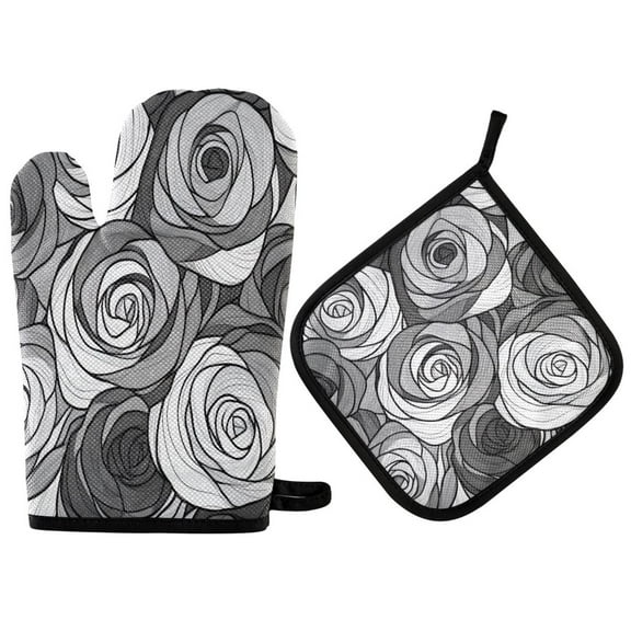 Yayeee Oven Mitts and Pot Holder Set of 2 Heat Resistant Kitchen Gloves Baking Hot Pad, Black Roses